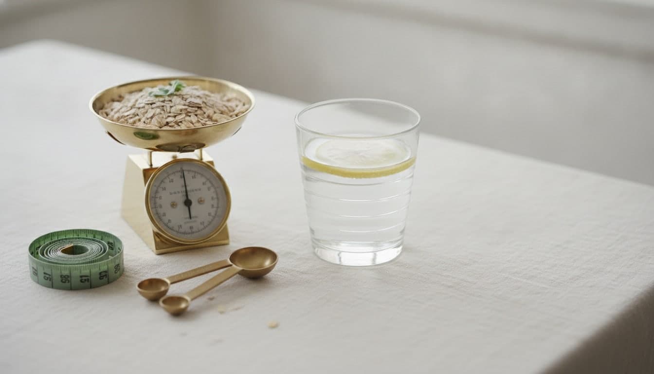 Vaso de agua, balanza de cocina con avena y cucharas medidoras