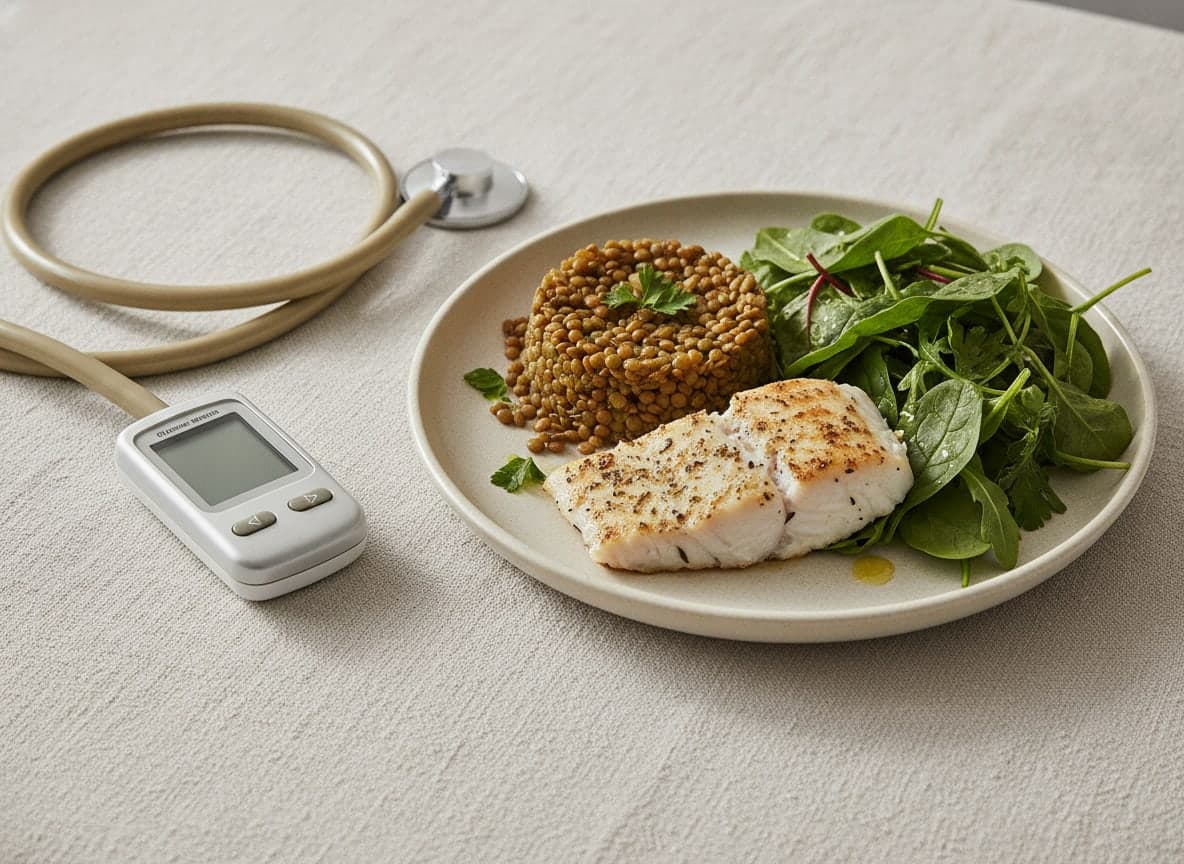 Plato mediterráneo junto a un glucómetro