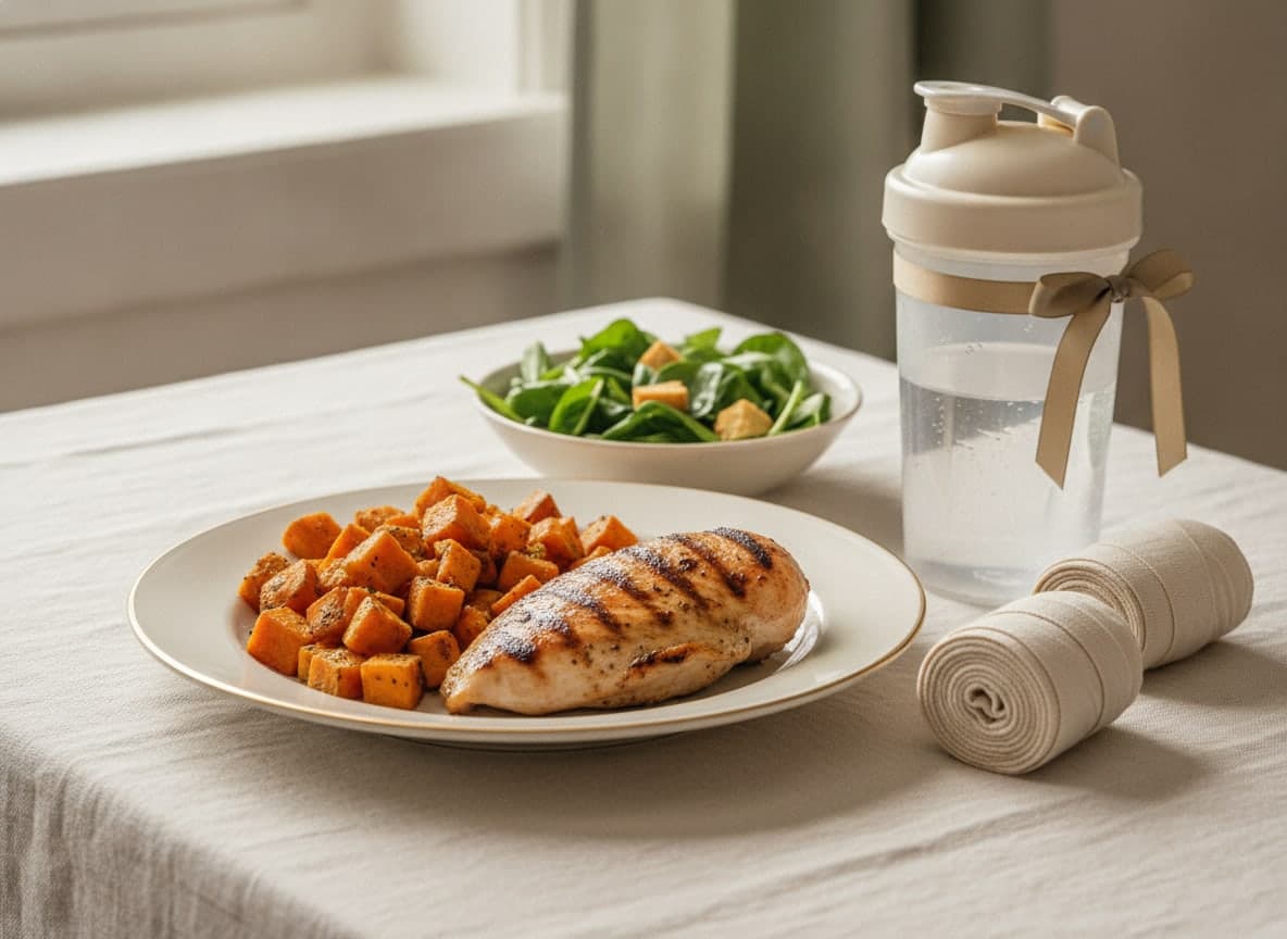 Comida de recuperación para deportista junto a vendas de boxeo