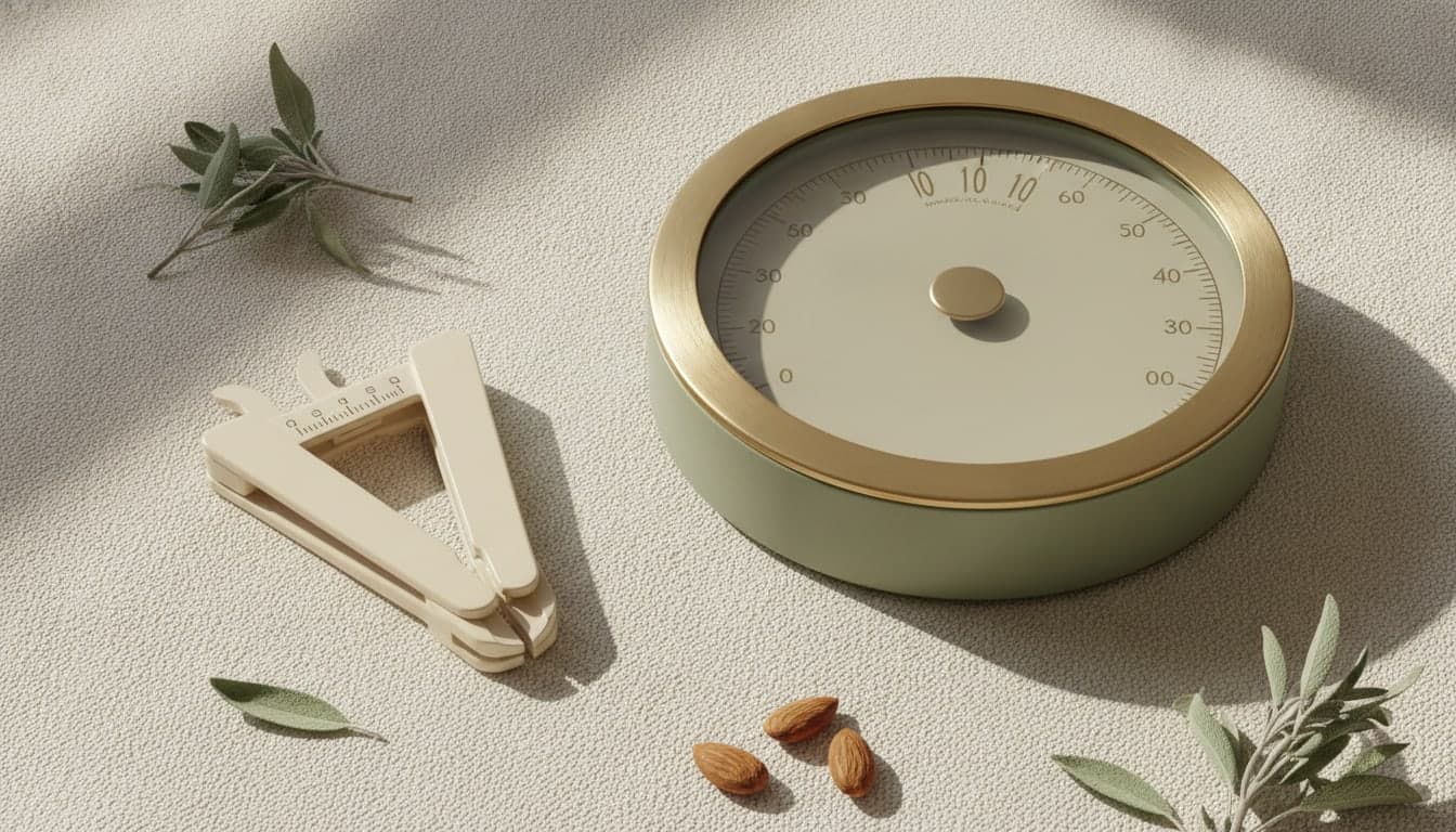 Plicómetro y balanza de baño sobre lino crema