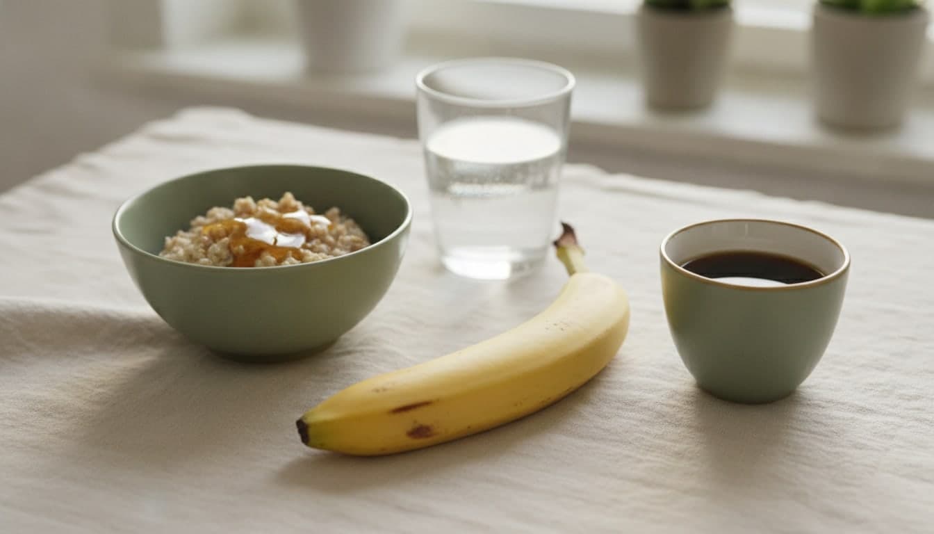 Banana, avena con miel y café en una mesa con luz de mañana